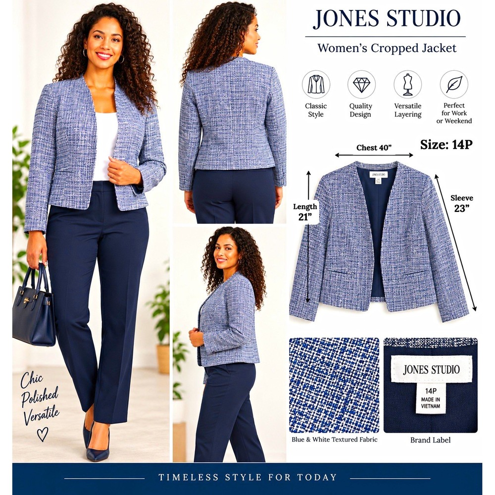 Jones Studio Women's Blue/White Collarless Cropped Open Jacket Lined 14P